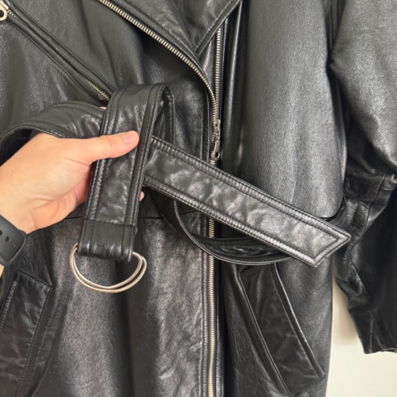 Vintage 90s Wilsons Leather Black Hip Length Zip Jacket with Belt | Size XL - Picture 2 of 10